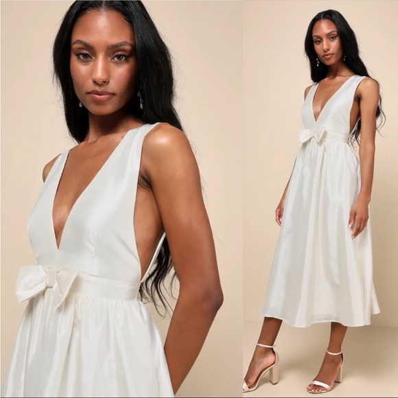 Ivory Cream Sleeveless Bow Low-Back Midi Dress 🌿 - Picture 4 of 11